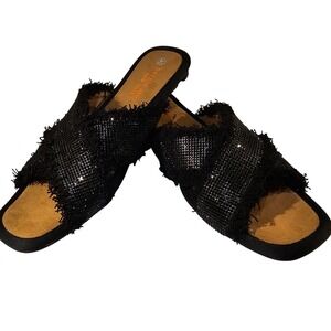 Bernie Mev Thistle Black Sequin Frayed Crisscross Slide Sandals Size 40 9 New